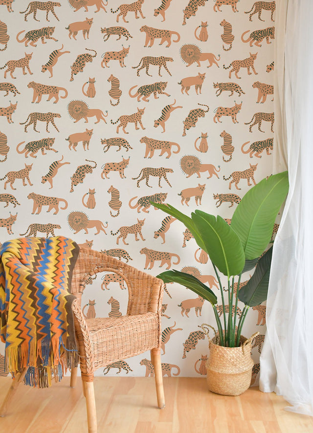 Kitty Kitty Tangerine Peel & Stick Wallpaper with Whimsical Novelty Cat Pattern - NuWallpaper LDS4584