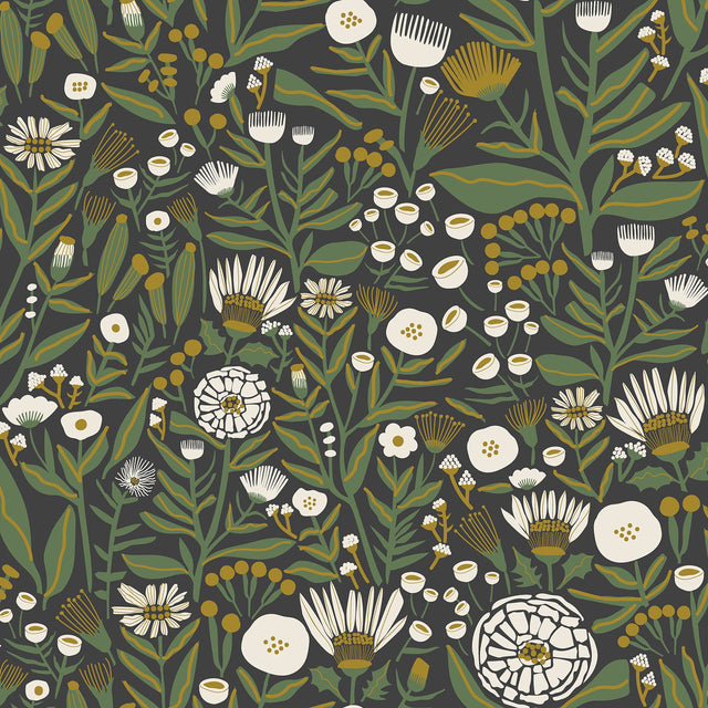 Marigold Forest Black Peel & Stick Wallpaper with Bohemian Botanical Floral Pattern - NuWallpaper LDS4585