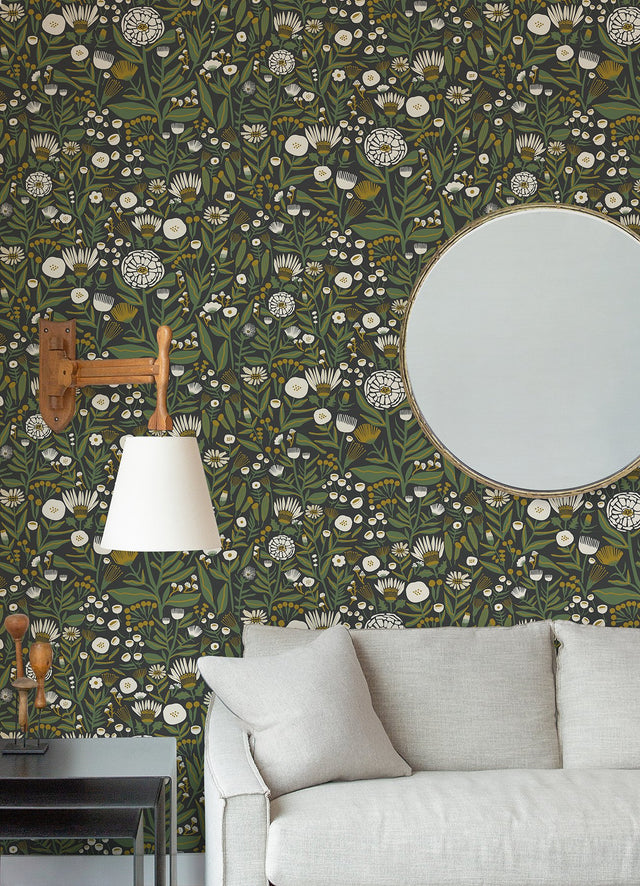 Marigold Forest Black Peel & Stick Wallpaper with Bohemian Botanical Floral Pattern - NuWallpaper LDS4585