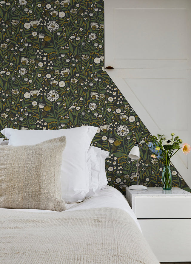 Marigold Forest Black Peel & Stick Wallpaper with Bohemian Botanical Floral Pattern - NuWallpaper LDS4585