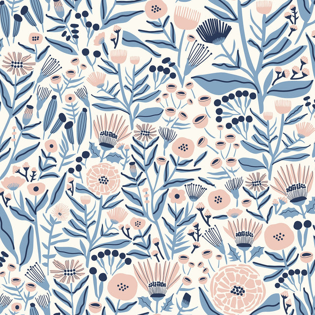 Marigold Forest Blue Peel & Stick Wallpaper with Floral Botanical Pattern, Bohemian Style - LDS4586