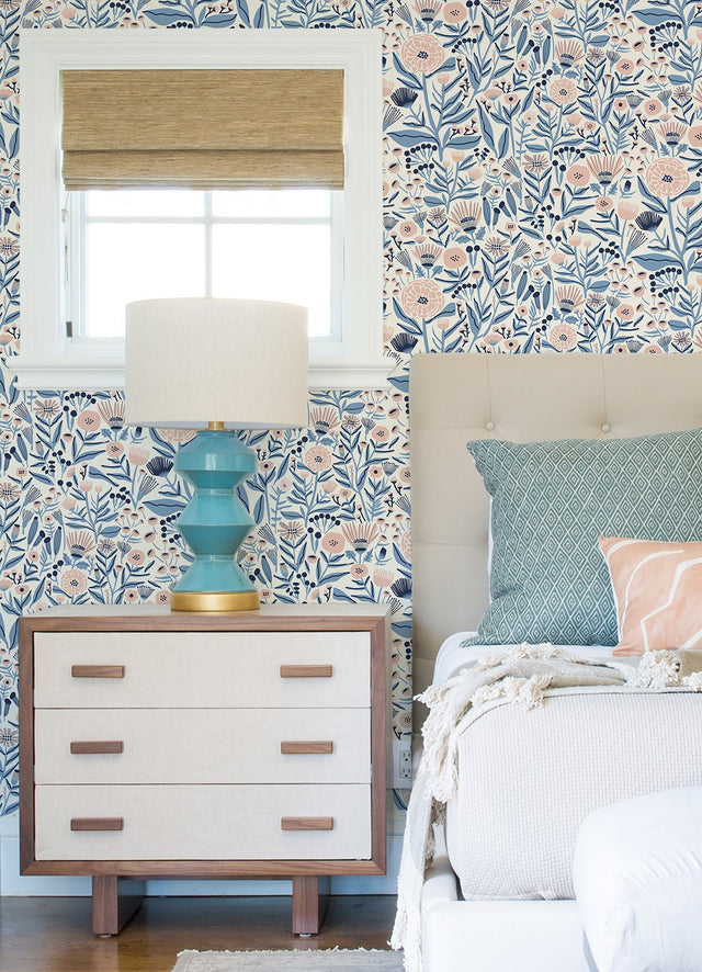 Marigold Forest Blue Peel & Stick Wallpaper with Floral Botanical Pattern, Bohemian Style - LDS4586