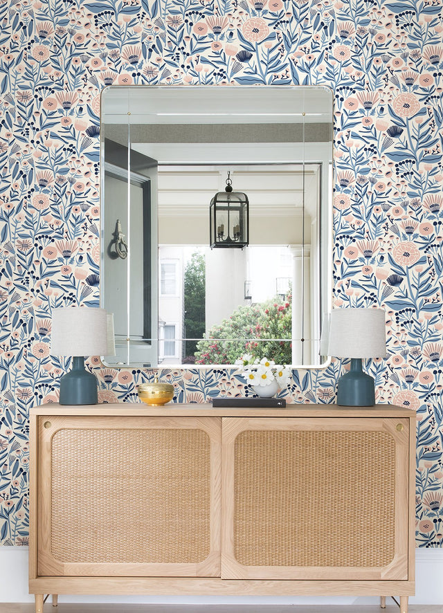 Marigold Forest Blue Peel & Stick Wallpaper with Floral Botanical Pattern, Bohemian Style - LDS4586