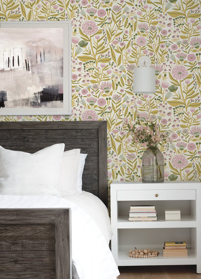 Marigold Forest Yellow Peel & Stick Wallpaper with Bohemian Botanical Floral Pattern - Brewster LDS4587