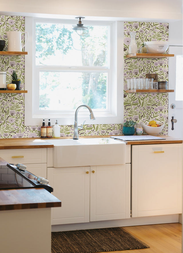 Marigold Forest Lilac Peel & Stick Wallpaper with Bohemian Botanical Floral Pattern - Brewster LDS4588