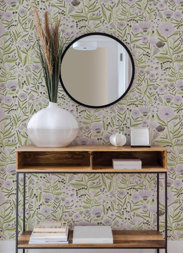 Marigold Forest Lilac Peel & Stick Wallpaper with Bohemian Botanical Floral Pattern - Brewster LDS4588