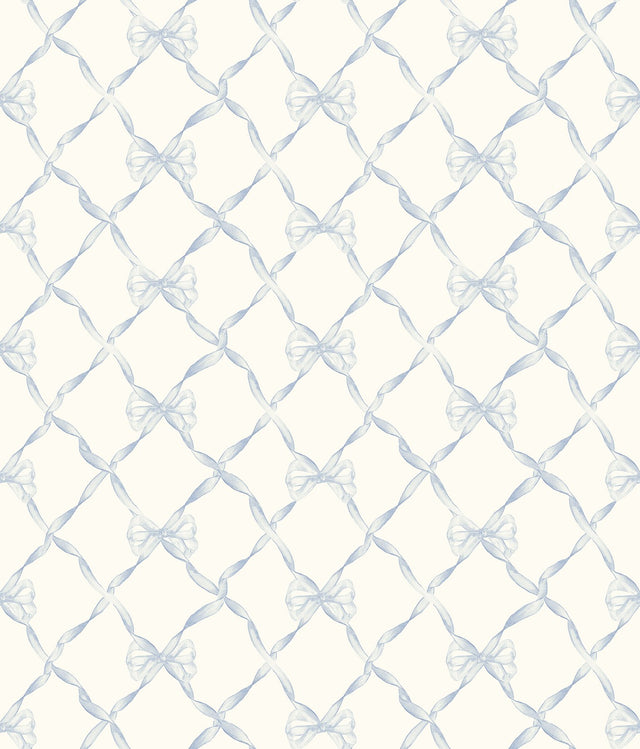 Baby Bow Dreamy Sky Peel & Stick Wallpaper with Whimsical Blue Ribbon Trellis - NuWallpaper LFS5013