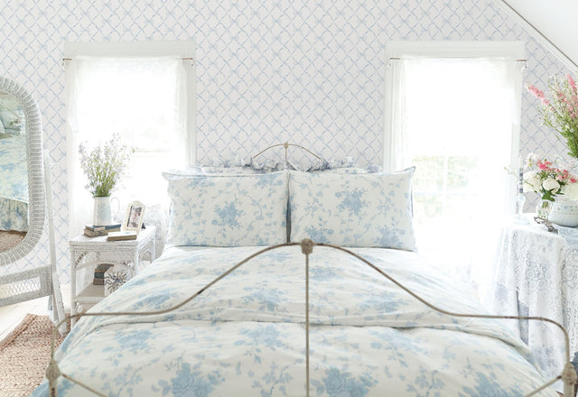 Baby Bow Dreamy Sky Peel & Stick Wallpaper with Whimsical Blue Ribbon Trellis - NuWallpaper LFS5013