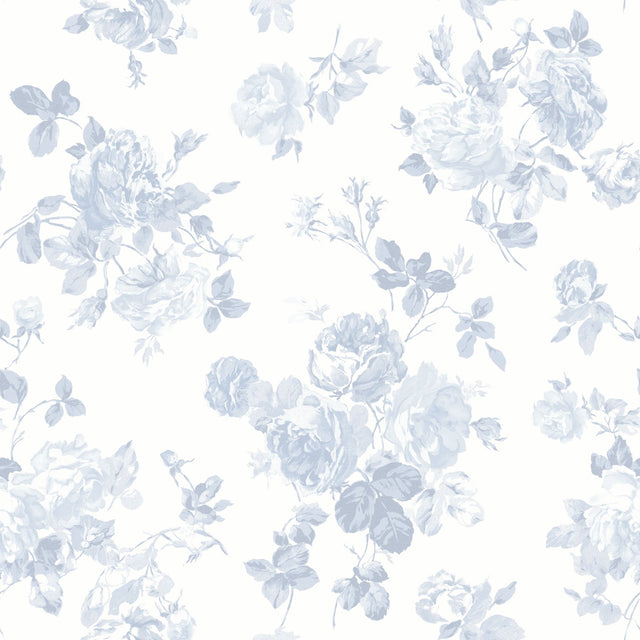 Everblooming Rosettes Blue Bella Ribbon Peel & Stick Wallpaper with Vintage Floral Motif - NuWallpaper LFS5017