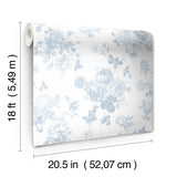 Everblooming Rosettes Blue Bella Ribbon Peel & Stick Wallpaper with Vintage Floral Motif - NuWallpaper LFS5017