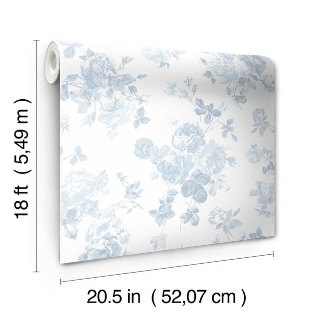 Everblooming Rosettes Blue Bella Ribbon Peel & Stick Wallpaper with Vintage Floral Motif - NuWallpaper LFS5017