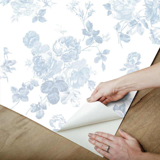 Everblooming Rosettes Blue Bella Ribbon Peel & Stick Wallpaper with Vintage Floral Motif - NuWallpaper LFS5017