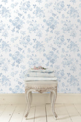 Everblooming Rosettes Blue Bella Ribbon Peel & Stick Wallpaper with Vintage Floral Motif - NuWallpaper LFS5017