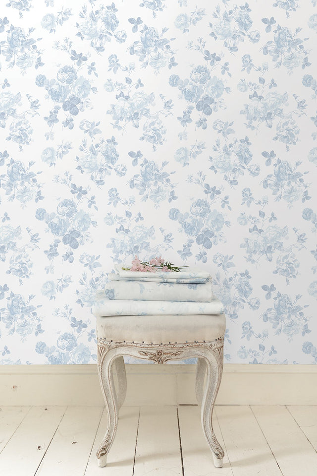Everblooming Rosettes Blue Bella Ribbon Peel & Stick Wallpaper with Vintage Floral Motif - NuWallpaper LFS5017