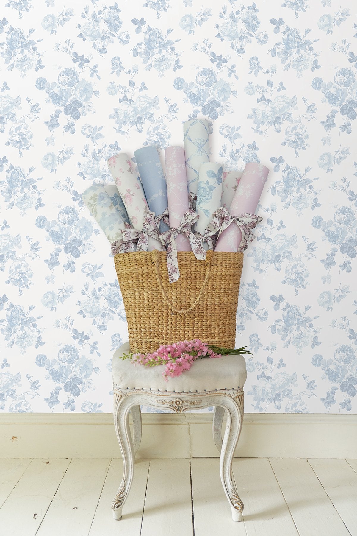 Everblooming Rosettes Blue Bella Ribbon Peel & Stick Wallpaper with Vintage Floral Motif - NuWallpaper LFS5017