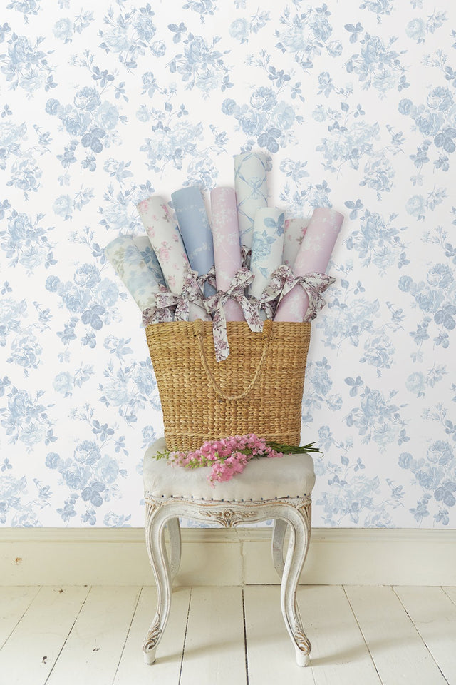 Everblooming Rosettes Blue Bella Ribbon Peel & Stick Wallpaper with Vintage Floral Motif - NuWallpaper LFS5017