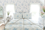 Everblooming Rosettes Blue Bella Ribbon Peel & Stick Wallpaper with Vintage Floral Motif - NuWallpaper LFS5017