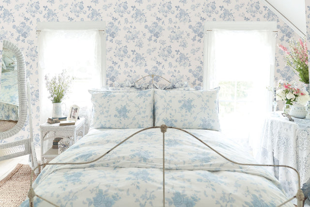 Everblooming Rosettes Blue Bella Ribbon Peel & Stick Wallpaper with Vintage Floral Motif - NuWallpaper LFS5017