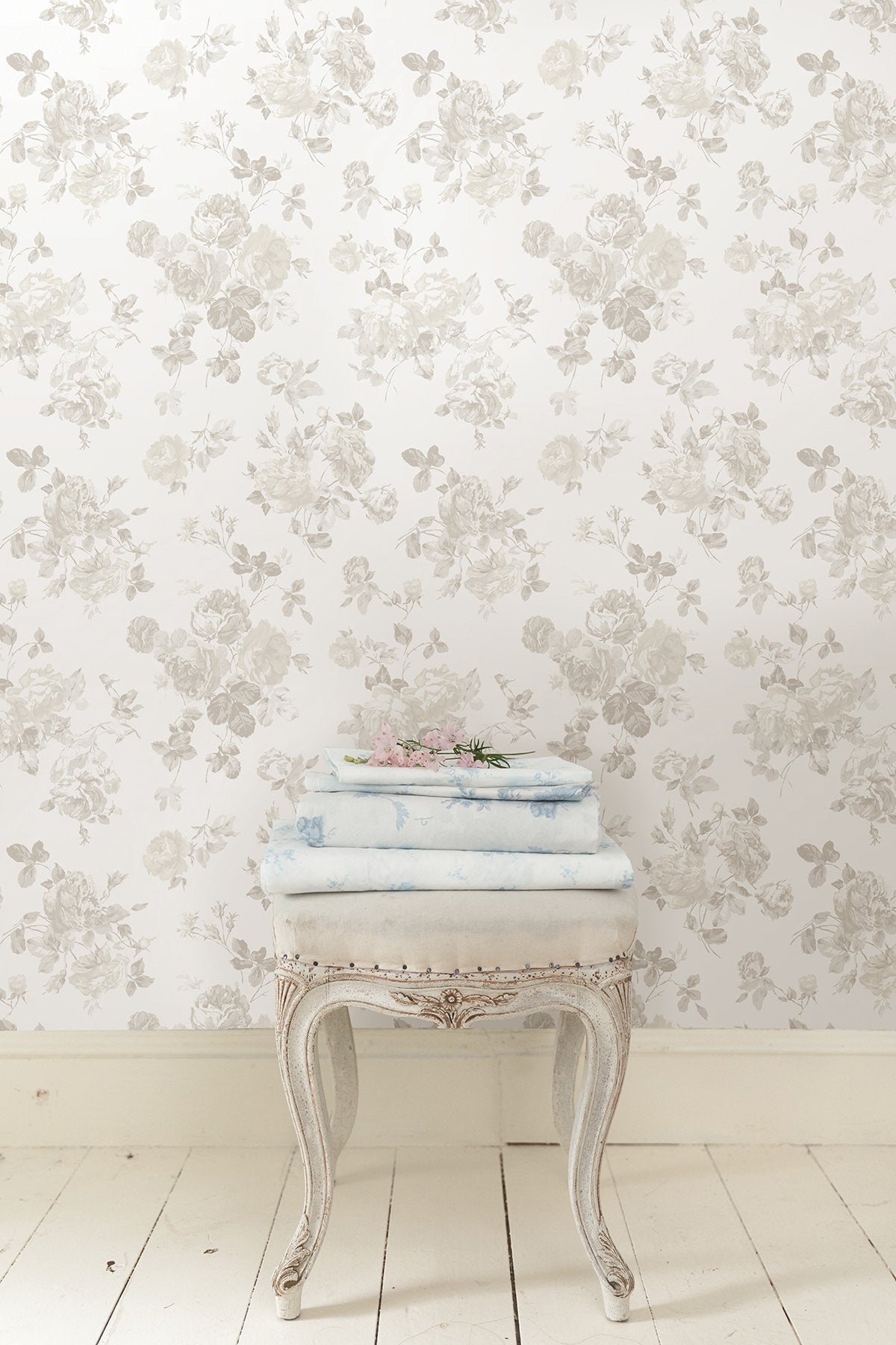 Everblooming Rosettes Dove Peel & Stick Wallpaper with Whimsical Botanical Flower Pattern - NuWallpaper LFS5019
