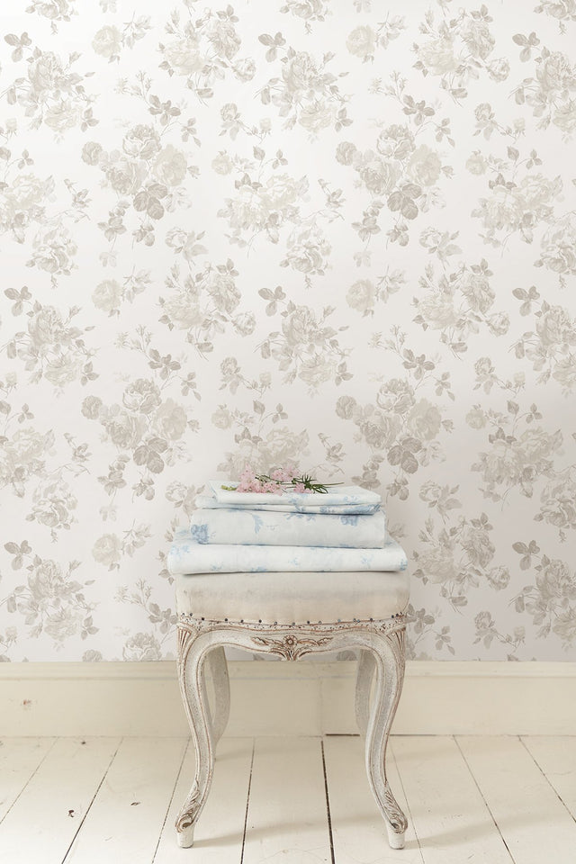 Everblooming Rosettes Dove Peel & Stick Wallpaper with Whimsical Botanical Flower Pattern - NuWallpaper LFS5019