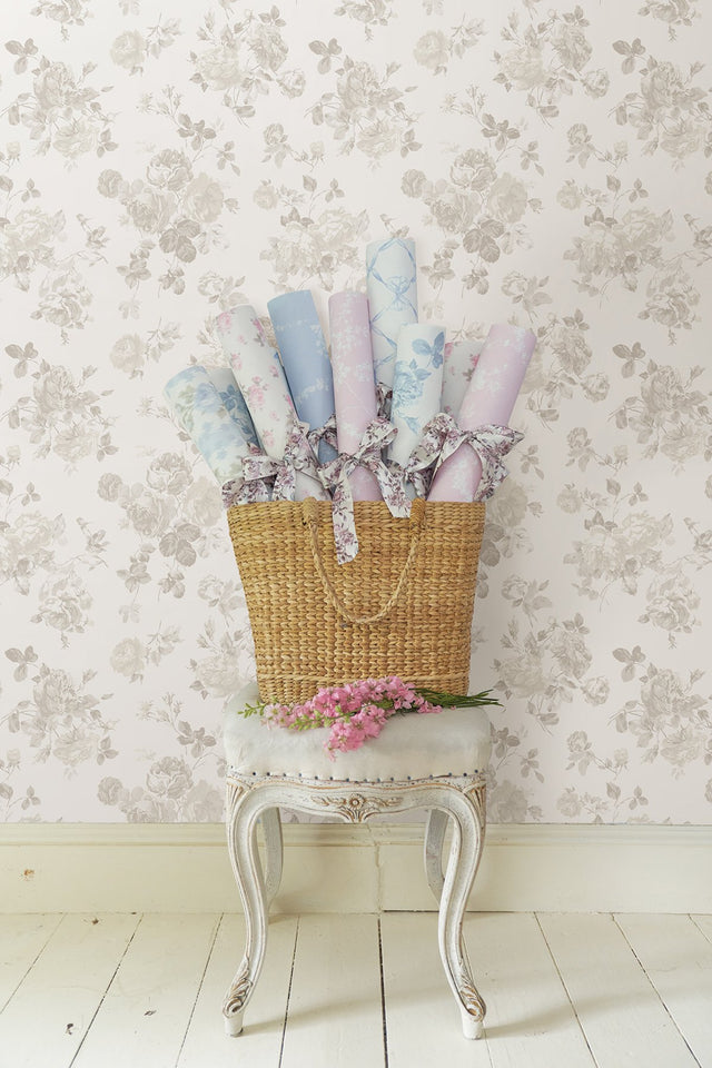 Everblooming Rosettes Dove Peel & Stick Wallpaper with Whimsical Botanical Flower Pattern - NuWallpaper LFS5019