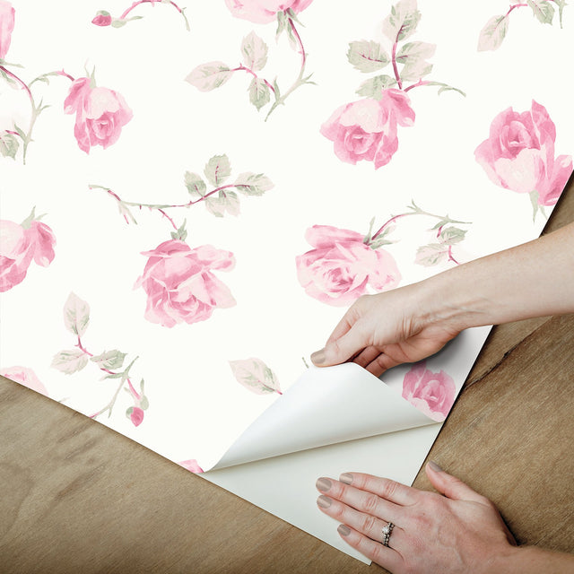 Ribbon Rosa Chateau Rose Peel & Stick Wallpaper with Vintage Floral Pattern - Brewster LFS6109