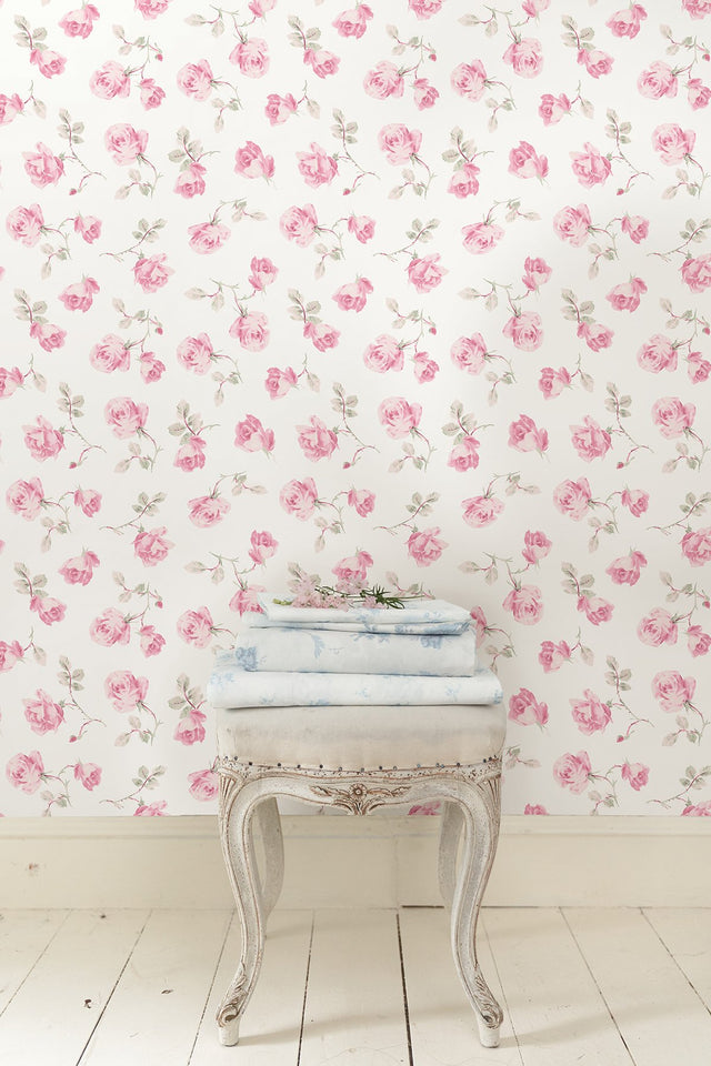 Ribbon Rosa Chateau Rose Peel & Stick Wallpaper with Vintage Floral Pattern - Brewster LFS6109