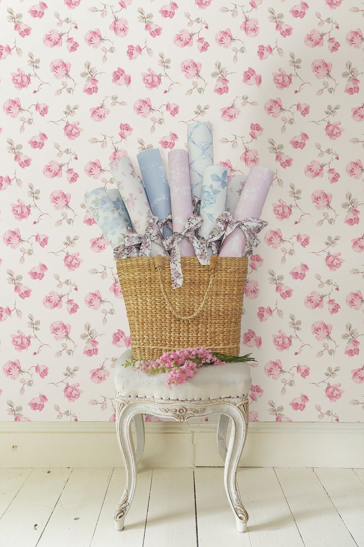 Ribbon Rosa Chateau Rose Peel & Stick Wallpaper with Vintage Floral Pattern - Brewster LFS6109