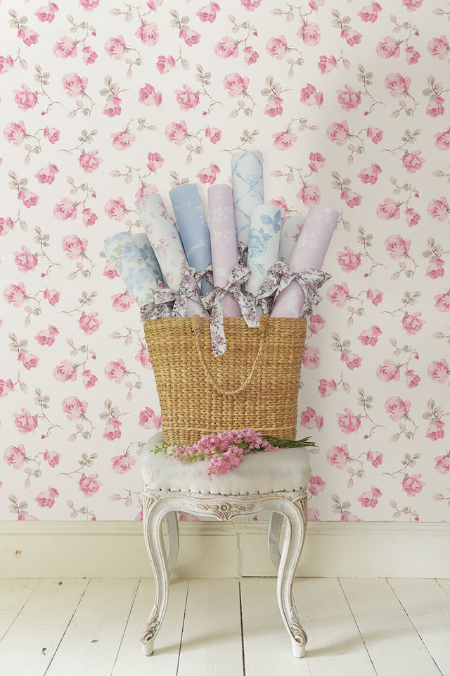 Ribbon Rosa Chateau Rose Peel & Stick Wallpaper with Vintage Floral Pattern - Brewster LFS6109