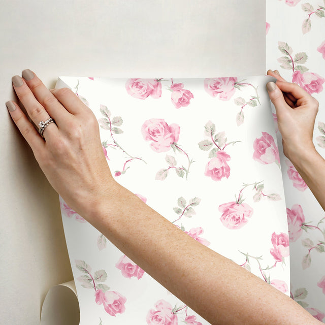 Ribbon Rosa Chateau Rose Peel & Stick Wallpaper with Vintage Floral Pattern - Brewster LFS6109