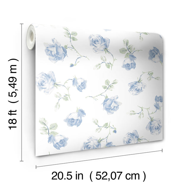 Ribbon Rosa French Blue Peel & Stick Wallpaper with Vintage Botanical Flower Pattern - NuWallpaper LFS6110