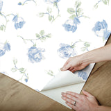 Ribbon Rosa French Blue Peel & Stick Wallpaper with Vintage Botanical Flower Pattern - NuWallpaper LFS6110