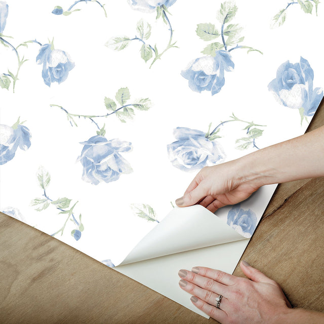 Ribbon Rosa French Blue Peel & Stick Wallpaper with Vintage Botanical Flower Pattern - NuWallpaper LFS6110