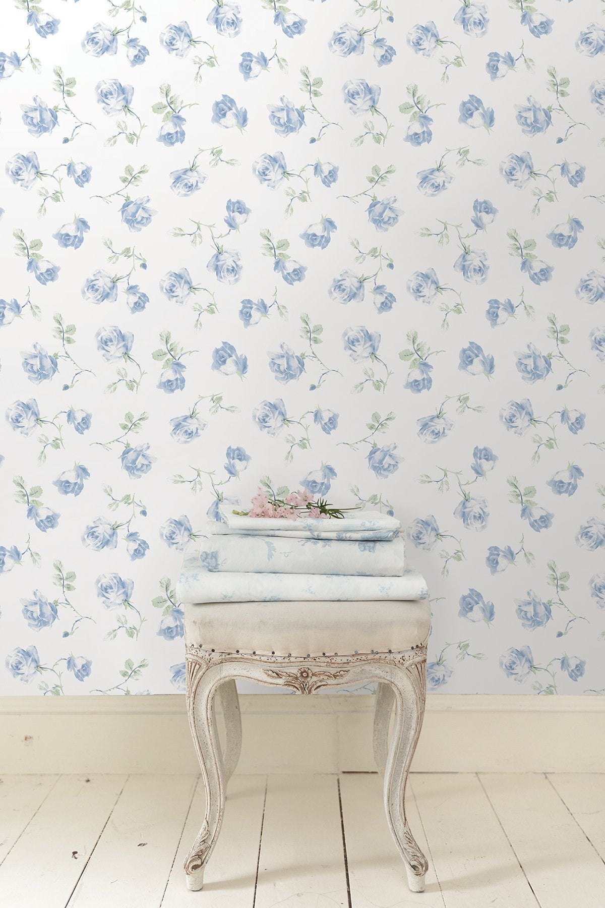 Ribbon Rosa French Blue Peel & Stick Wallpaper with Vintage Botanical Flower Pattern - NuWallpaper LFS6110