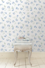 Ribbon Rosa French Blue Peel & Stick Wallpaper with Vintage Botanical Flower Pattern - NuWallpaper LFS6110