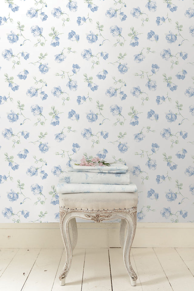 Ribbon Rosa French Blue Peel & Stick Wallpaper with Vintage Botanical Flower Pattern - NuWallpaper LFS6110