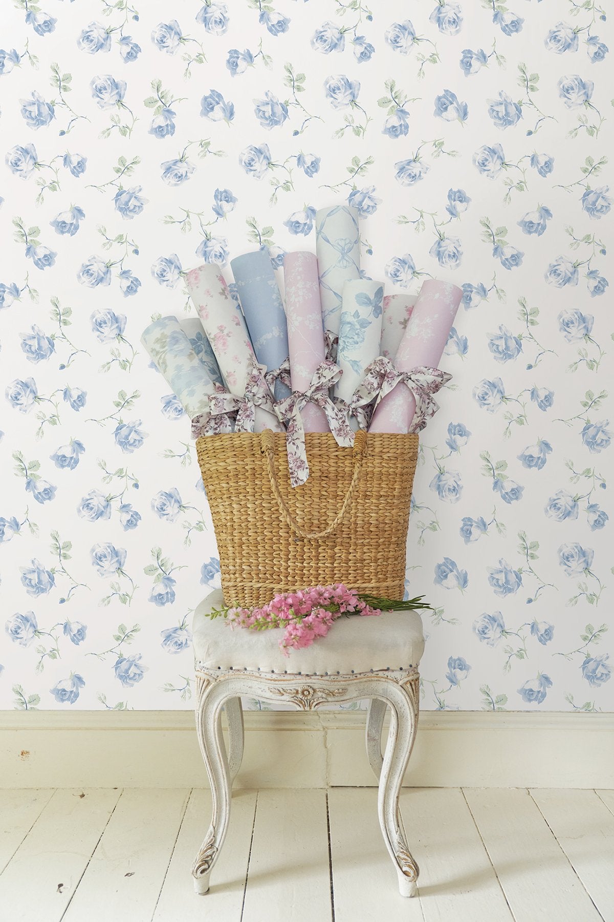 Ribbon Rosa French Blue Peel & Stick Wallpaper with Vintage Botanical Flower Pattern - NuWallpaper LFS6110