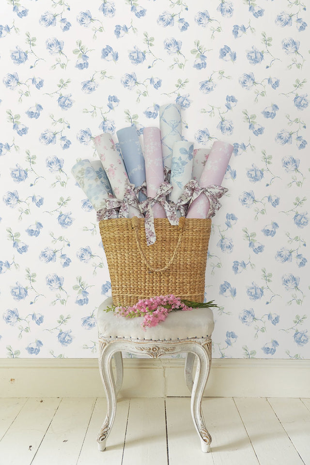Ribbon Rosa French Blue Peel & Stick Wallpaper with Vintage Botanical Flower Pattern - NuWallpaper LFS6110