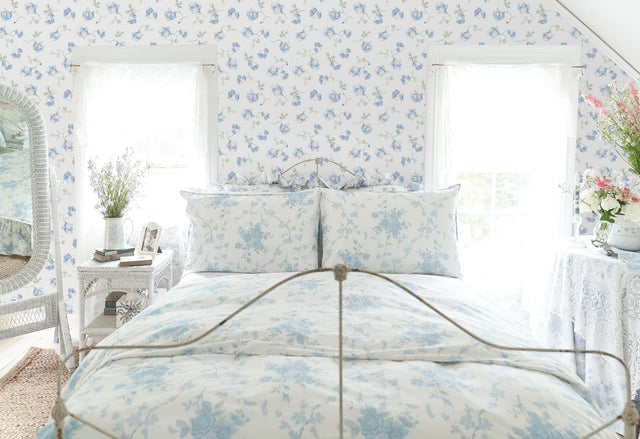 Ribbon Rosa French Blue Peel & Stick Wallpaper with Vintage Botanical Flower Pattern - NuWallpaper LFS6110