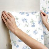 Ribbon Rosa French Blue Peel & Stick Wallpaper with Vintage Botanical Flower Pattern - NuWallpaper LFS6110