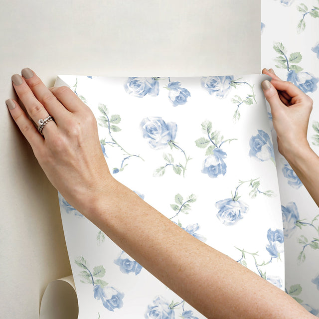 Ribbon Rosa French Blue Peel & Stick Wallpaper with Vintage Botanical Flower Pattern - NuWallpaper LFS6110