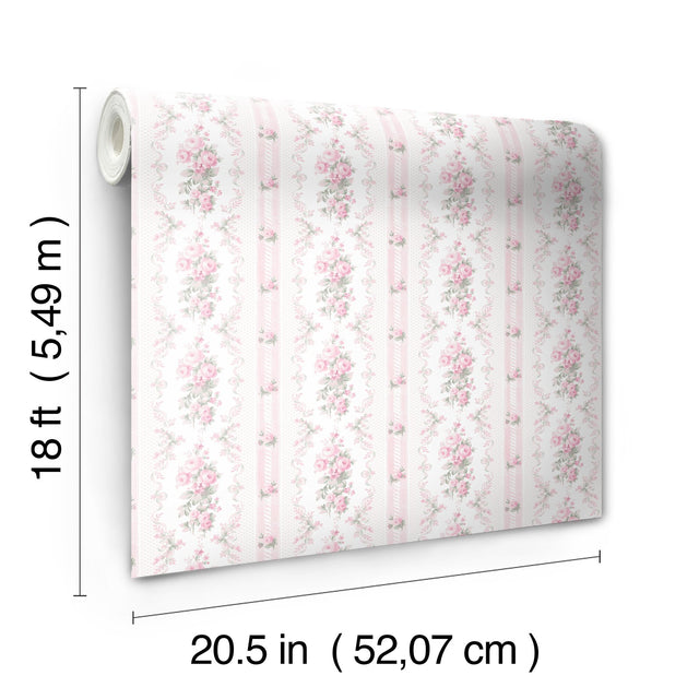 Dreamy Days Pink Parfait Peel & Stick Wallpaper with Vintage Floral Stripe Pattern - LFS6111