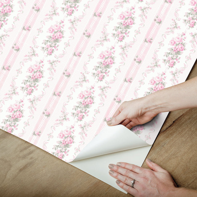 Dreamy Days Pink Parfait Peel & Stick Wallpaper with Vintage Floral Stripe Pattern - LFS6111