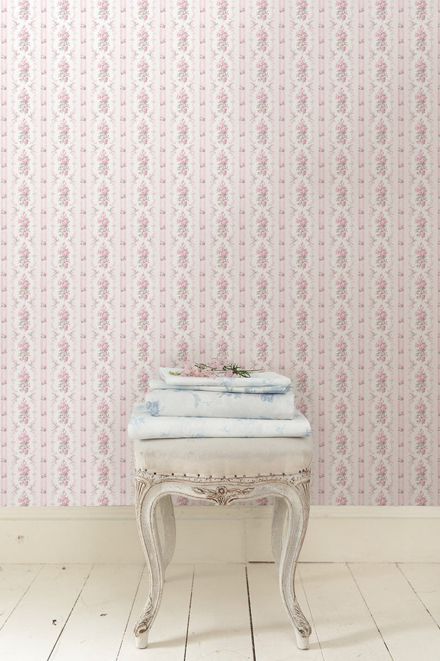Dreamy Days Pink Parfait Peel & Stick Wallpaper with Vintage Floral Stripe Pattern - LFS6111
