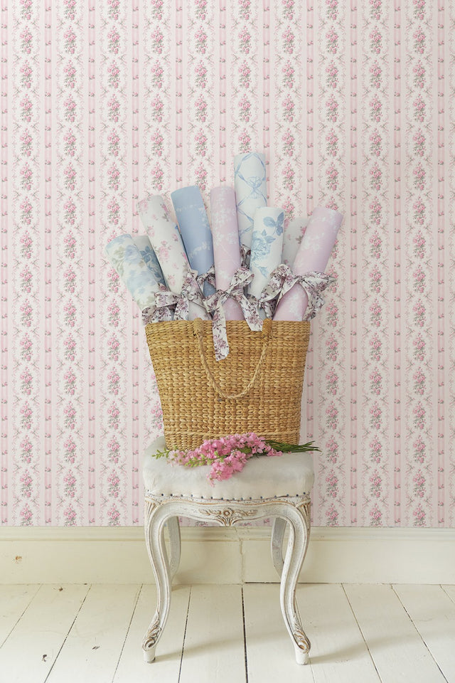 Dreamy Days Pink Parfait Peel & Stick Wallpaper with Vintage Floral Stripe Pattern - LFS6111