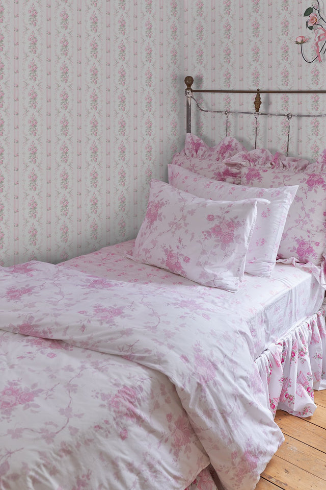 Dreamy Days Pink Parfait Peel & Stick Wallpaper with Vintage Floral Stripe Pattern - LFS6111