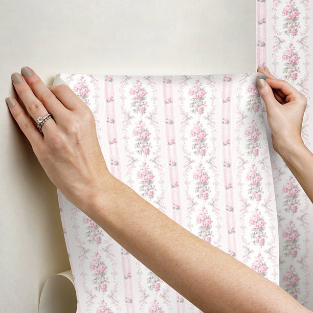 Dreamy Days Pink Parfait Peel & Stick Wallpaper with Vintage Floral Stripe Pattern - LFS6111