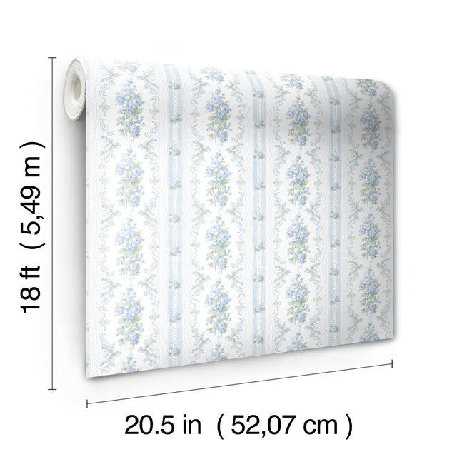 Dreamy Days Sweet Blue Peel & Stick Wallpaper with Vintage Floral Stripe - LFS6112