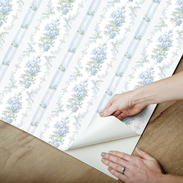 Dreamy Days Sweet Blue Peel & Stick Wallpaper with Vintage Floral Stripe - LFS6112