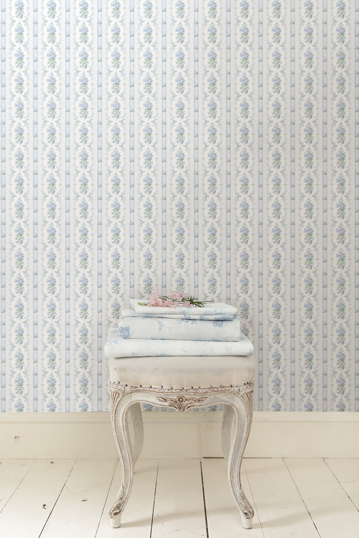 Dreamy Days Sweet Blue Peel & Stick Wallpaper with Vintage Floral Stripe - LFS6112